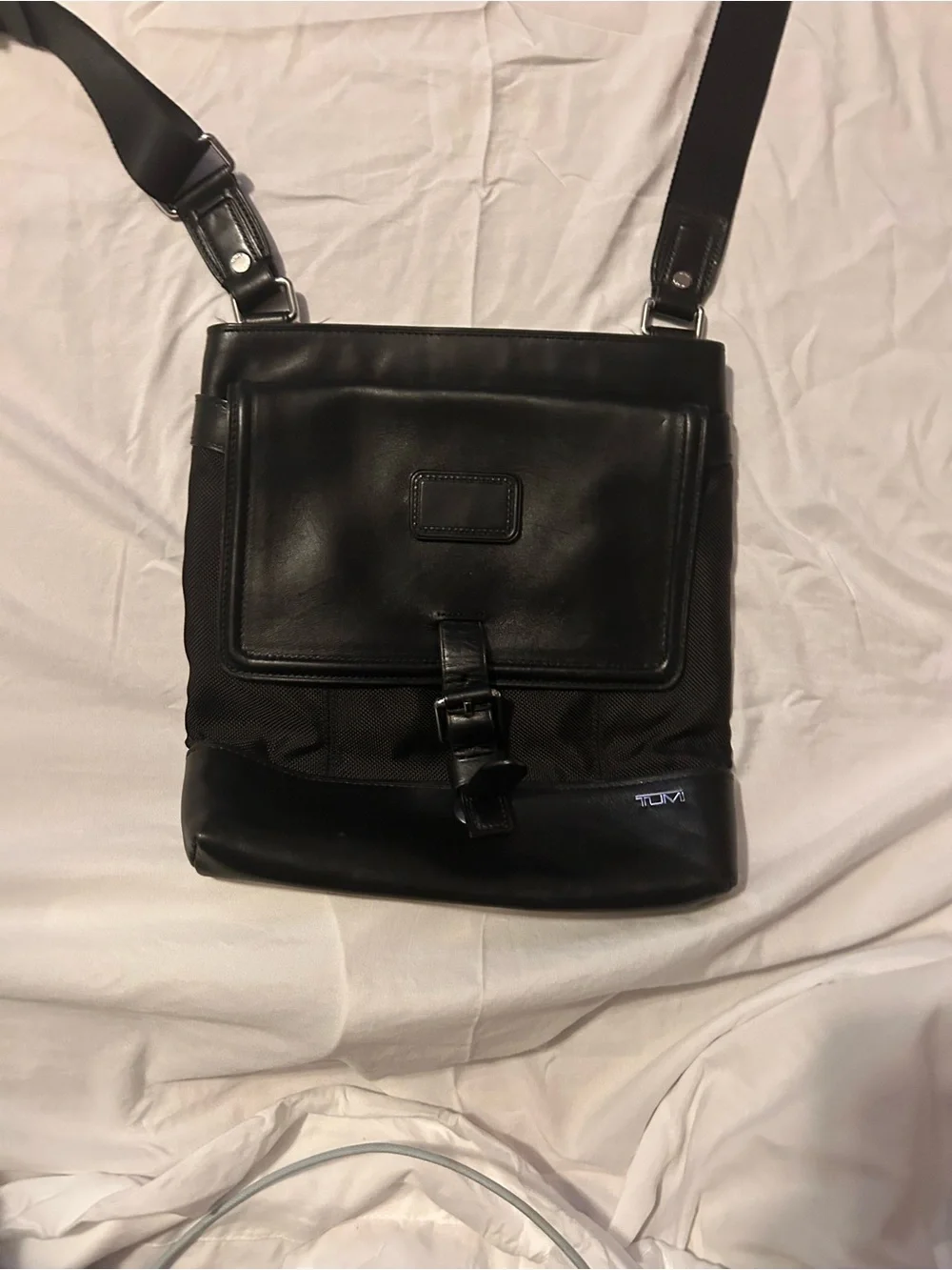 Tumi Black Leather & Nylon Messenger Bag with Buckle Detail
